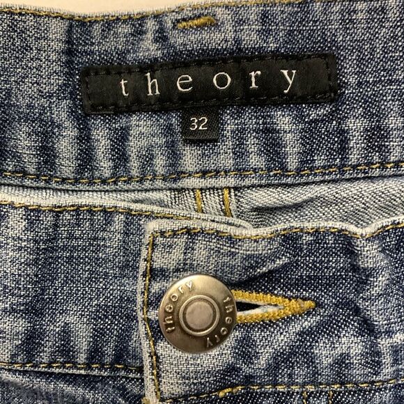 Theory Blue Medium Wash Mid-rise Distressed Ripped Straight Leg Jeans Size 32 - Picture 3 of 13